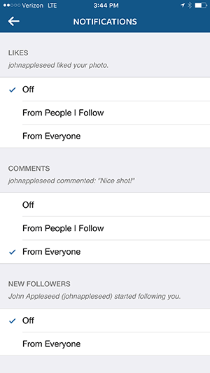 options de notification de l'application instagram iphone