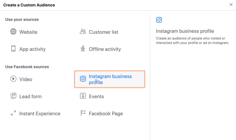 sélectionnez Instagram Business comme source pour l'audience personnalisée Facebook