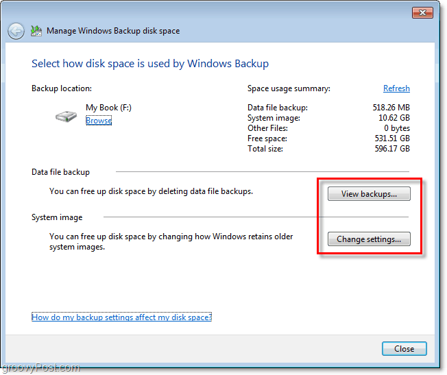 Sauvegarde Windows 7 - affichez votre sauvegarde ou modifiez les paramètres pour ajuster la taille