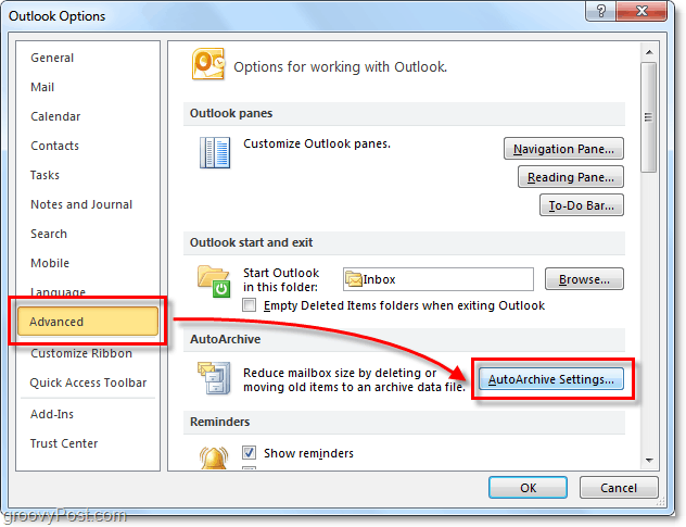 Avancé> Paramètres d'archivage automatique dans Outlook 2010