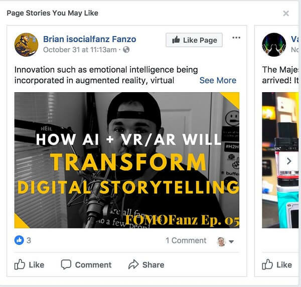 Facebook recommande des «histoires de page que vous pourriez aimer» entre les messages de votre fil d'actualité.