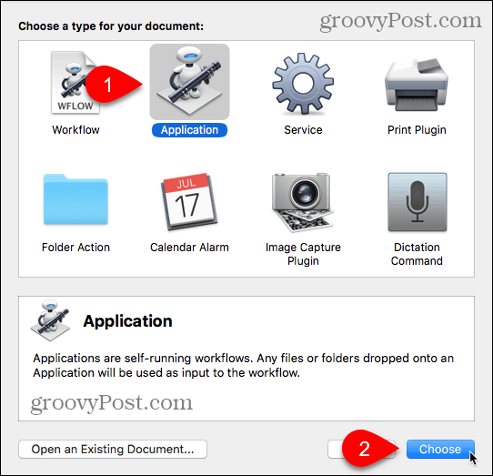 Choisissez le type d'application dans Automator pour Mac