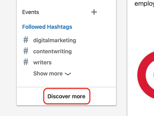 Section hashtags LinkedIn sur la page d'accueil