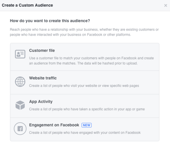 Choisissez parmi quatre catégories d'audience personnalisées Facebook.