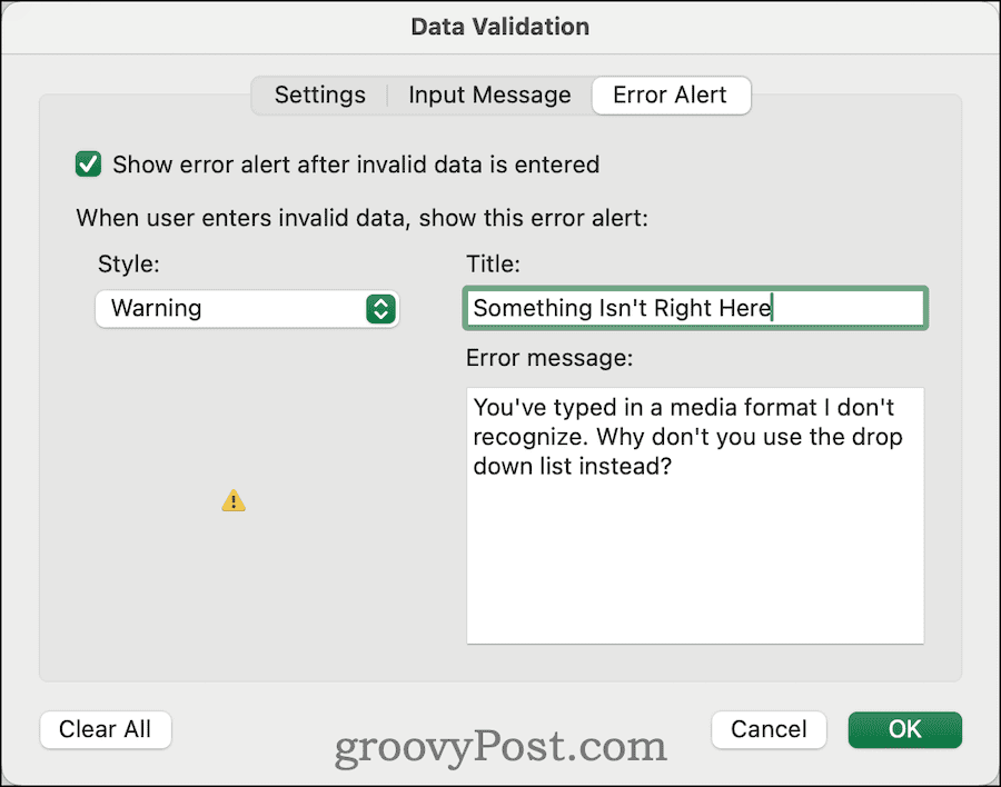 Modification de l'alerte d'erreur dans la validation des données