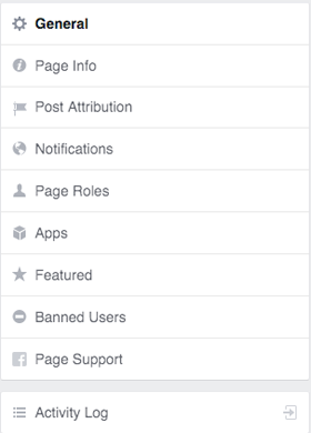 menu des paramètres des pages facebook