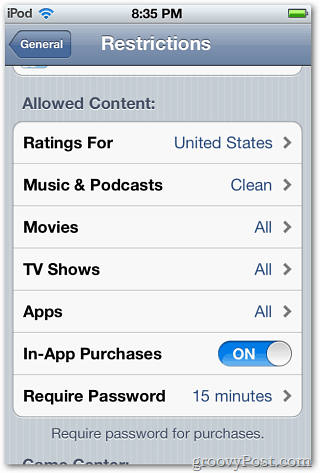 Restrictions iPod touch