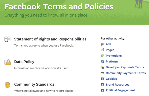 Facebook décrit toutes les conditions et politiques que vous devez connaître.