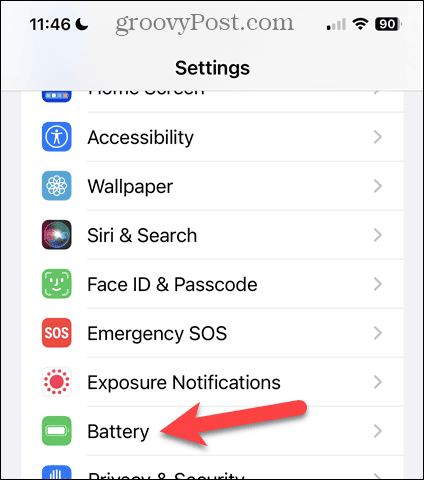 Appuyez sur Batterie sur l'écran Paramètres de l'iPhone