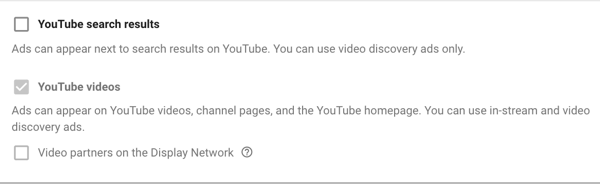 Comment configurer une campagne publicitaire YouTube, étape 11, définir les options d'affichage du réseau