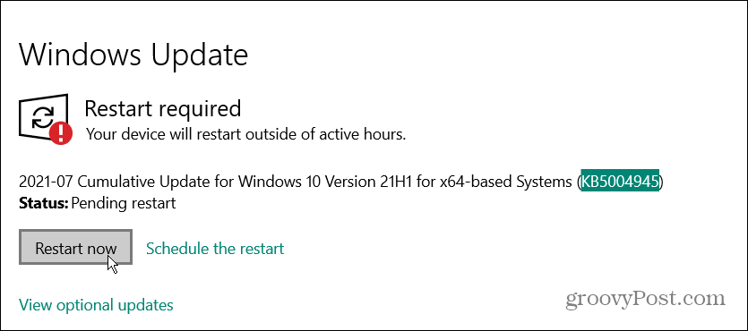 redémarrer la mise à jour d'urgence de Windows 10