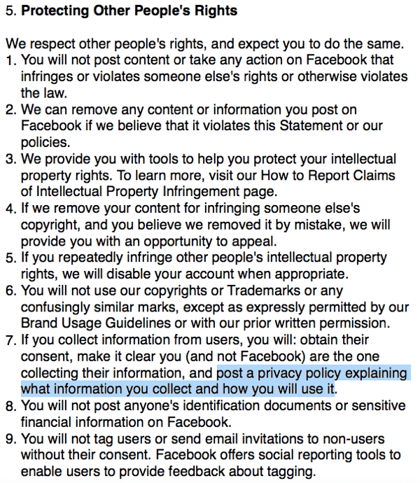 Conditions Facebook décrivant les exigences de la politique de confidentialité.