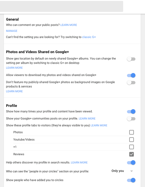 nouveaux paramètres de profil google plus