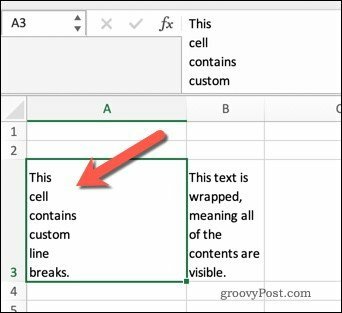 Habillage du texte dans Excel à l'aide de sauts de ligne.