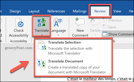 Options de traduction d'un document Word