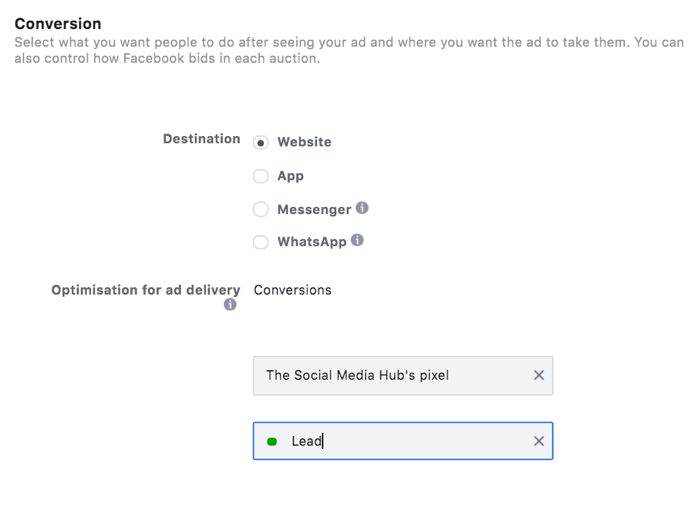 option pour sélectionner un événement de plomb pour l'optimisation de votre objectif de conversion dans le gestionnaire d'annonces Facebook