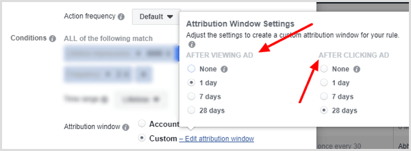 Options des paramètres de la fenêtre d'attribution lors de la configuration des conditions pour la règle Facebook