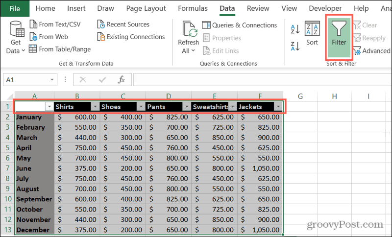 Activer les filtres dans Excel