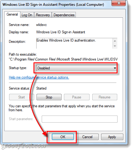 type de démarrage désactivé de Windows Live ID Connexion Assistant