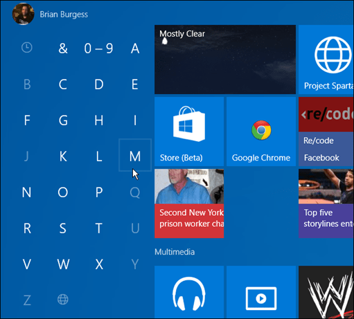 applications par première lettre Windows 10 Start