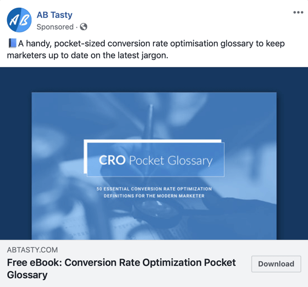 Techniques publicitaires Facebook qui donnent des résultats, exemple par AB Tasty offrant du contenu gratuit