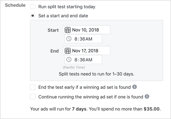 Sélectionnez l'option Définir une date de début et de fin pour le test fractionné Facebook.