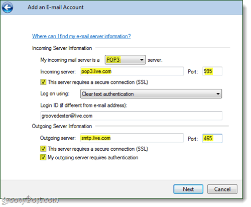 paramètres de compte de messagerie Windows Live Mail https
