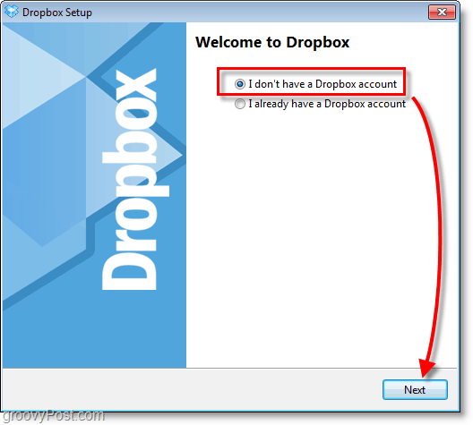 Capture d'écran de Dropbox - choisissez de créer un nouveau compte