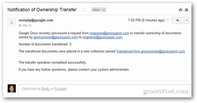 e-mail de notification de transfert de propriété de Google Apps