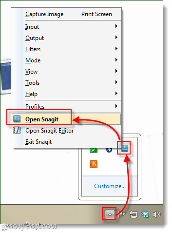 ouvrir snagit à partir de la barre d'état système de Windows 7