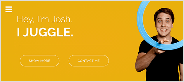 Le site Web de Josh Horton pour la jonglerie a un fond jaune, une photo de Josh souriant et faisant tournoyer une bague de jonglerie bleu clair autour de son index, et un texte blanc qui dit Hey I'm Josh. Je jongle.