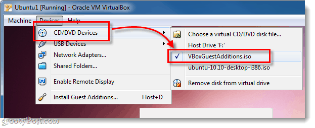 ubuntu dvd cd device sélectionnez vboxguestadditions.iso