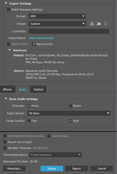 Exportez votre audio sous forme de fichier MP3 dans Adobe Premiere.