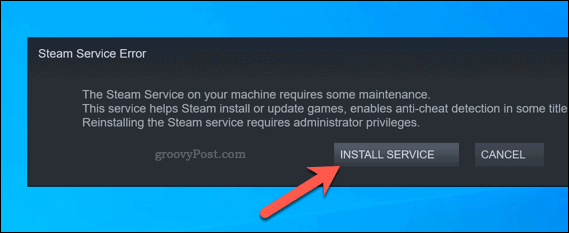 Option de service de réinstallation d'erreur de service Steam