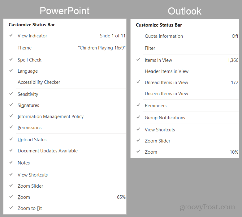 Options de la barre d'état PowerPoint et Outlook