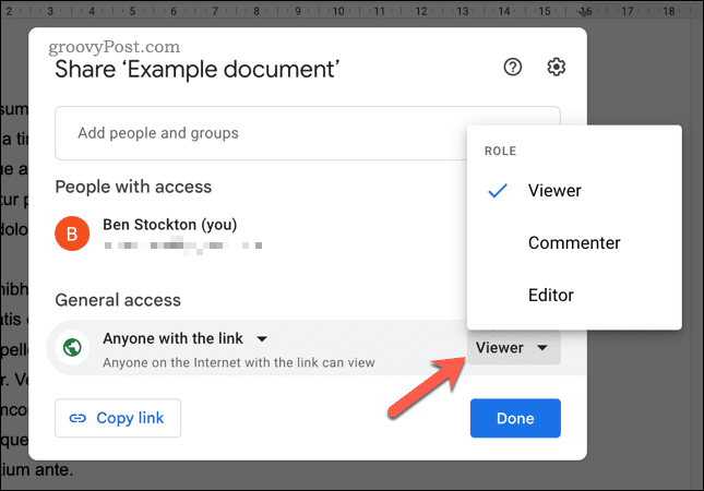 Définir les options de lien de partage dans Google Docs