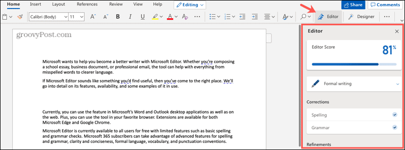 Microsoft Editor dans Word sur le Web