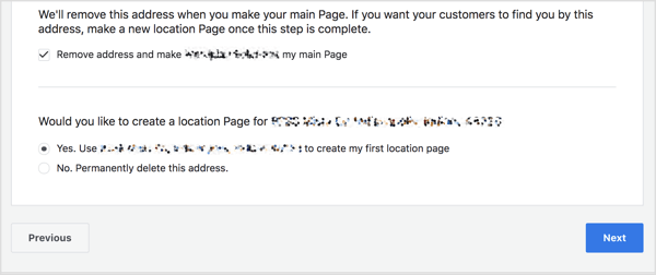 Si votre page principale a une adresse, vous pouvez ajouter cette adresse pour créer une page de localisation Facebook.