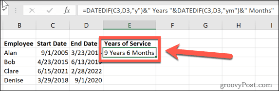 Excel daté si années et mois de service