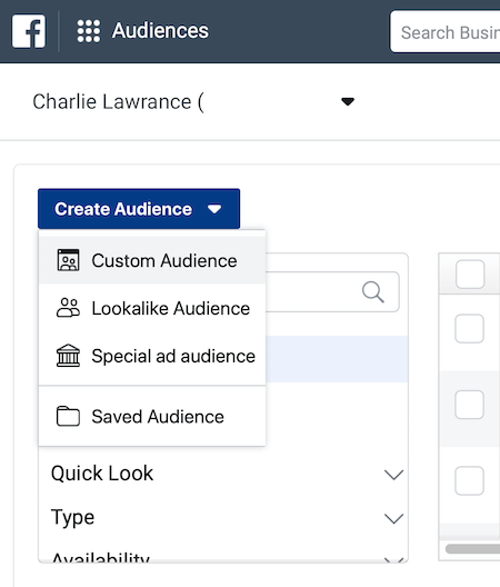 Menu déroulant Créer une audience dans la section Audiences de Facebook Ads Manager