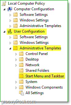 dans la fenêtre de stratégie de groupe locale de Windows 7, accédez à la configuration utilisateur, aux modèles d'administration, puis démarrez le menu et la barre des tâches
