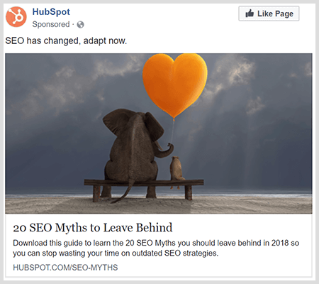 Les publicités de marque partagent un contenu utile comme cette publicité HubSpot sur 20 mythes SEO à laisser derrière.