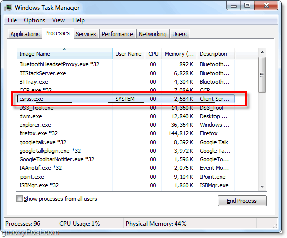 csrss.exe vu dans le gestionnaire de tâches de Windows 7