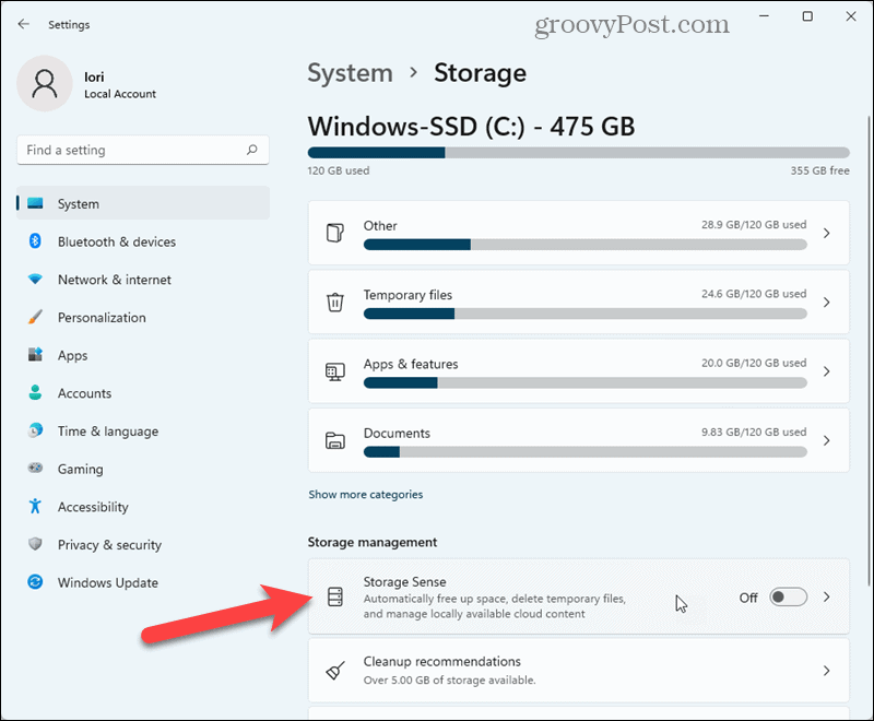 Cliquez sur Storage Sense dans les paramètres de Windows 11