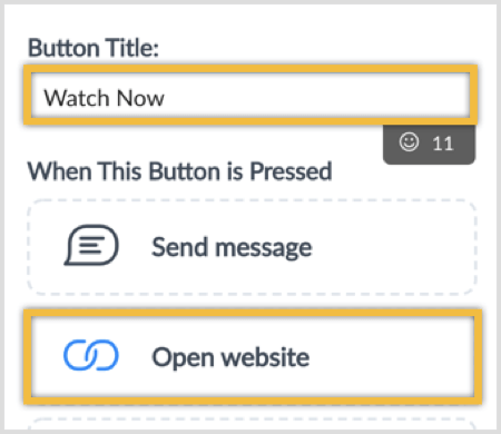 Tapez un titre de bouton et sélectionnez l'option Ouvrir le site Web.