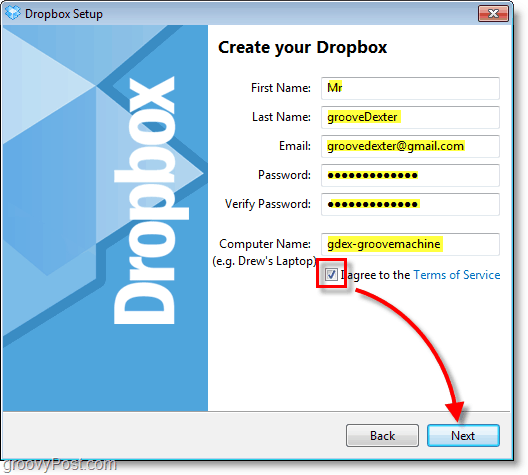 Capture d'écran de Dropbox - entrez les informations de votre compte