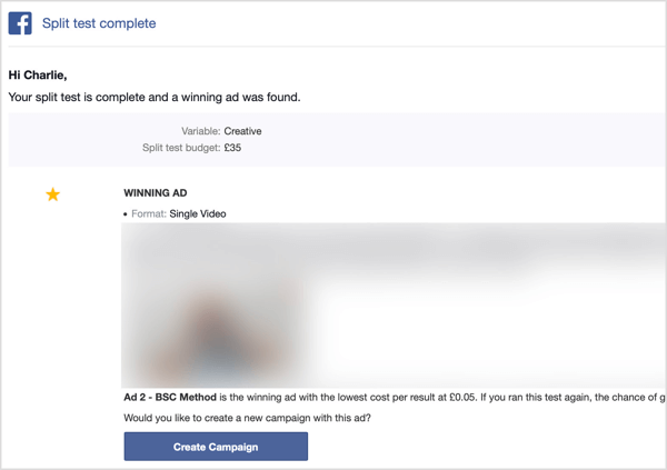 Vous recevez un e-mail une fois votre test fractionné Facebook terminé.
