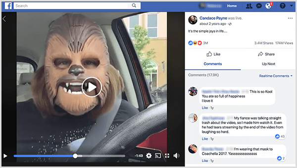 Candace Payne a été mise en ligne sur Facebook dans un masque Chewbacca du parking de Kohl. Au moment où cette capture d'écran a été prise, sa vidéo comptait 3,4 millions de partages et 174 millions de vues.