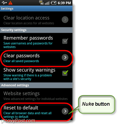 bouton Nuke du navigateur Android, réinitialisation aux paramètres d'usine et effacement des mots de passe