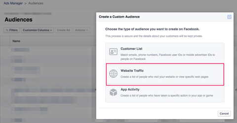 créer une audience personnalisée sur Facebook pour les visiteurs du site Web